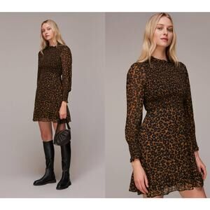 Whistles NWT Classic Leopard Print Shirred Long Sleeve Mini Dress Size 10